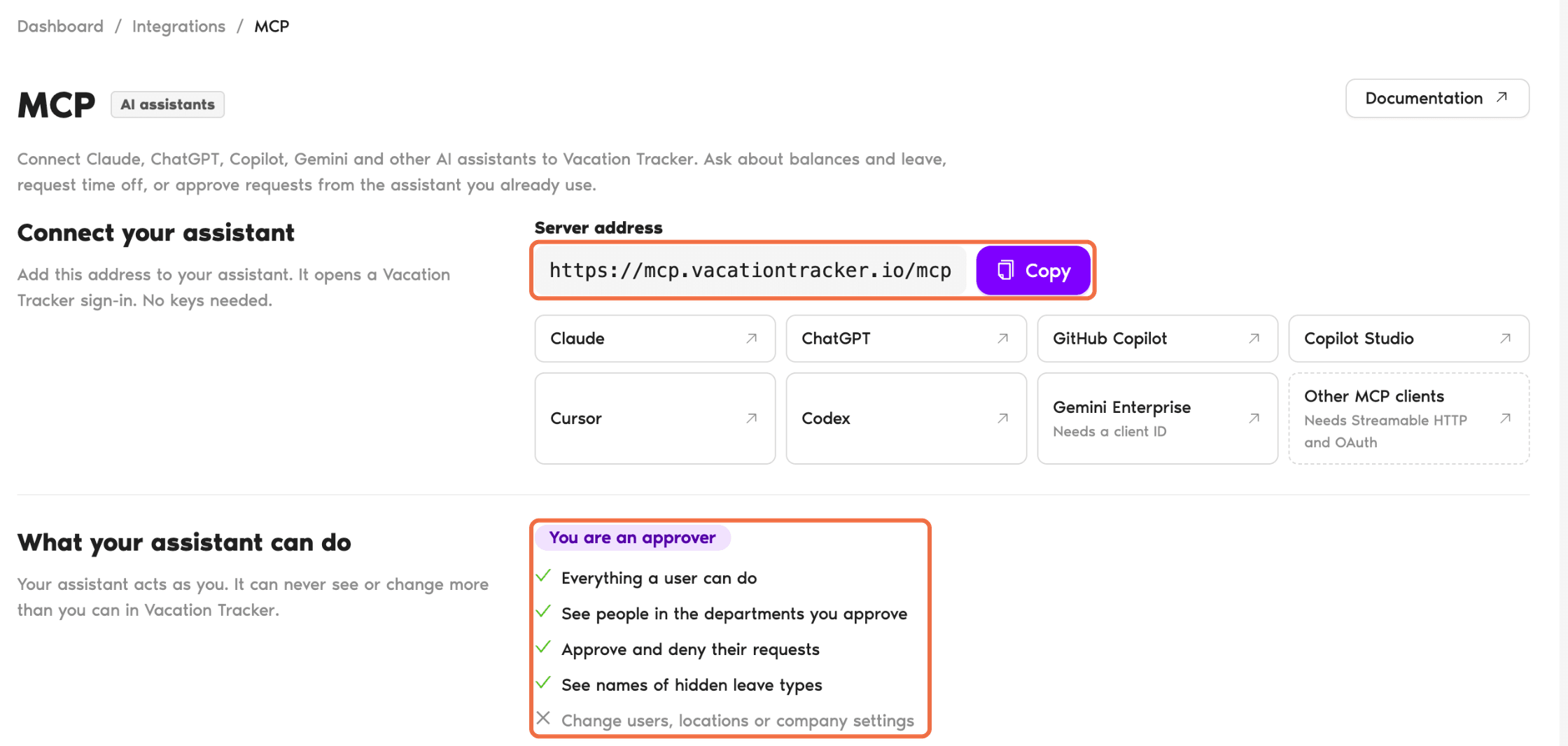 MCP page under Integrations with the server address and the list of what your assistant can do