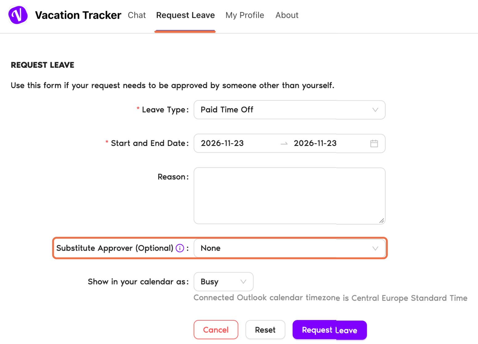Request Leave tab in the Vacation Tracker app in Teams with the Substitute Approver (Optional) field