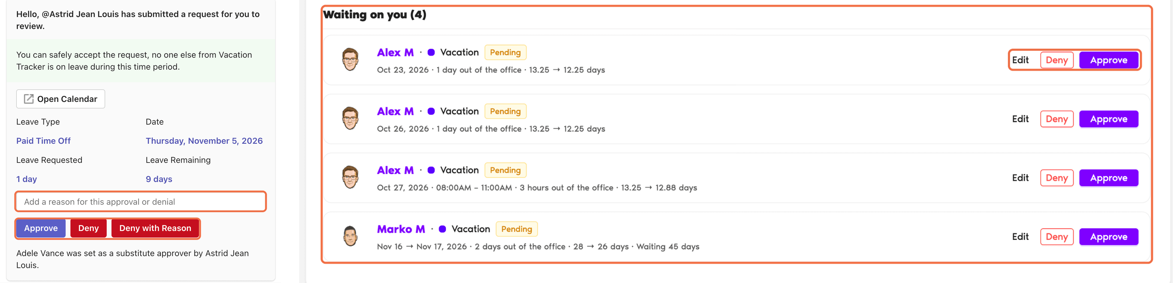 Vacation Tracker bot message in Teams next to the Waiting on you list in the dashboard