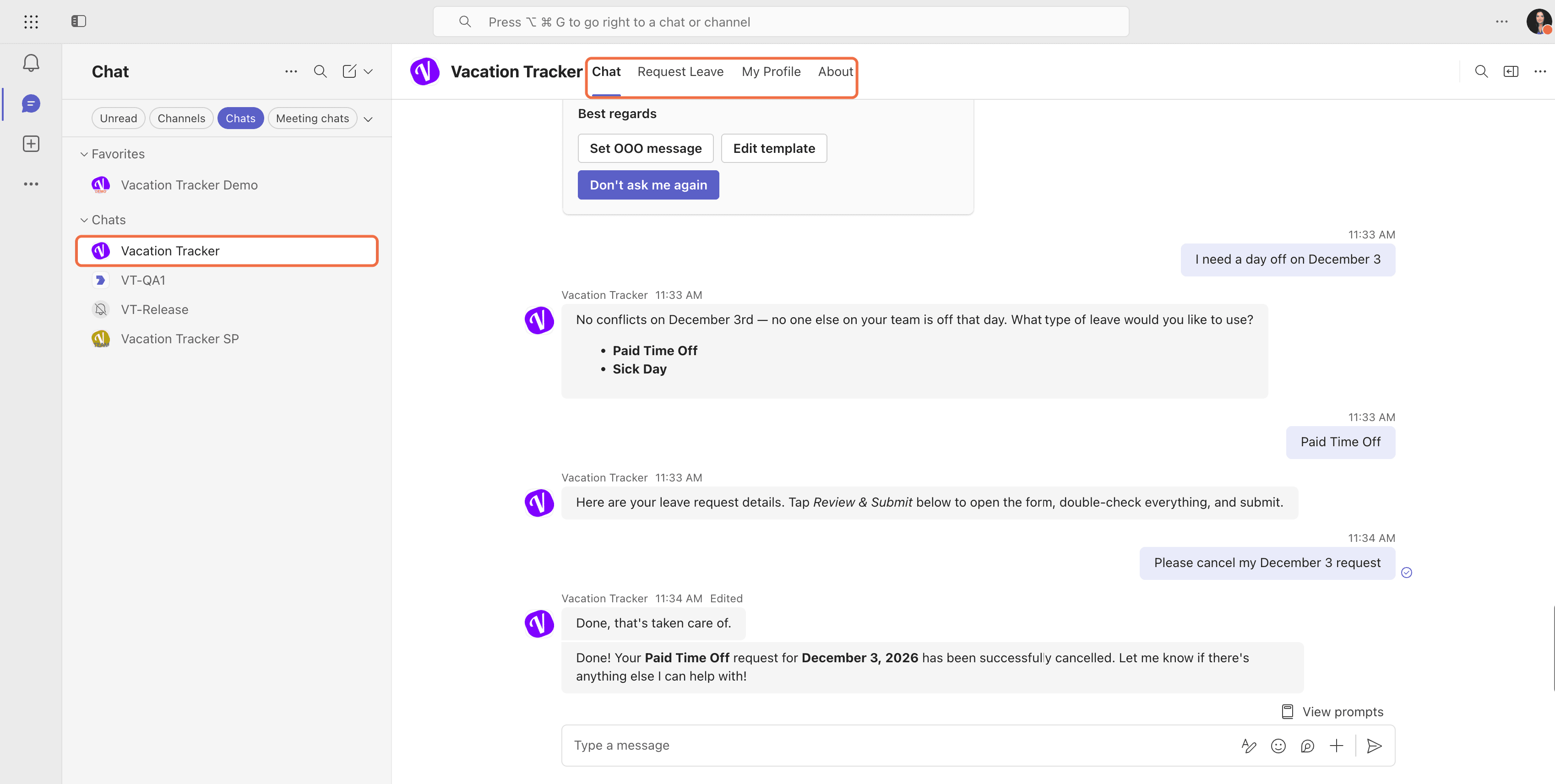 Vacation Tracker app in Teams with the Chat, Request Leave, My Profile and About tabs