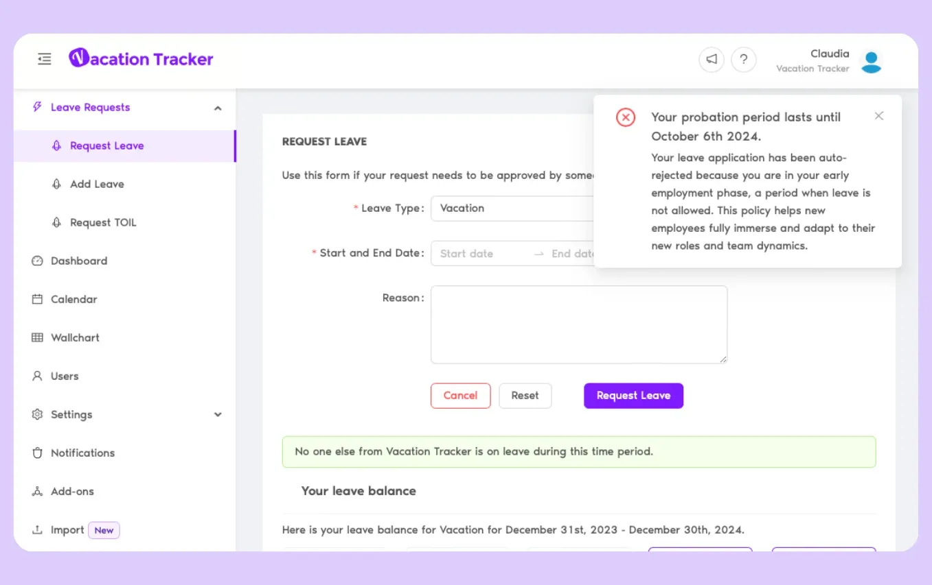 Auto-rejection message on the Request Leave screen explaining that the employee is still in their probation period