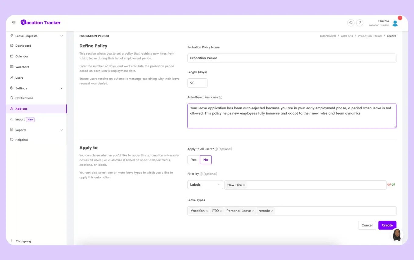 Defining a probation policy in Vacation Tracker, including which leave types it applies to