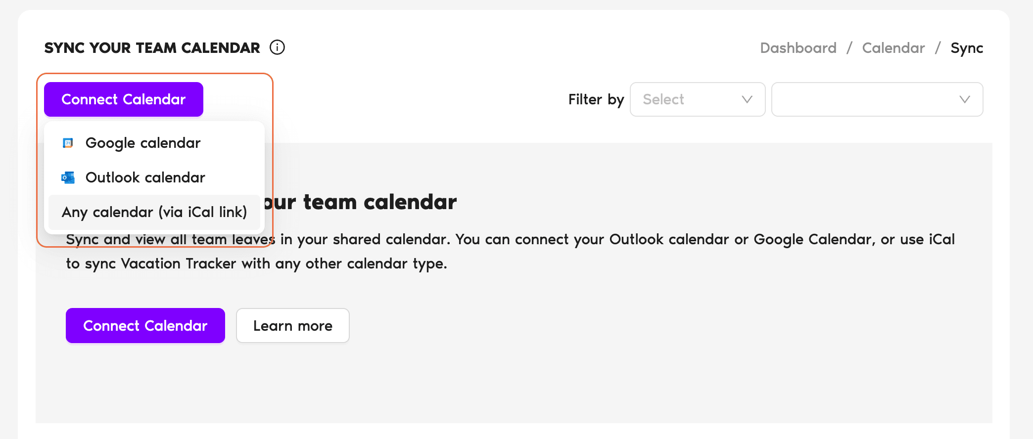 Connect Calendar dropdown with three options: Google calendar, Outlook calendar, Any calendar (via iCal link)