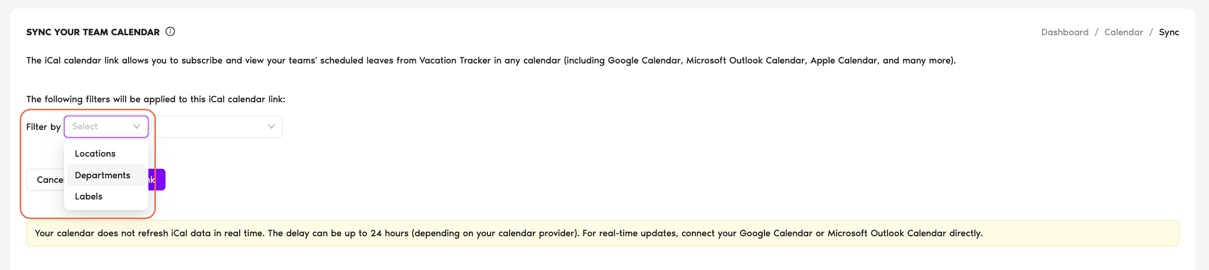 Create iCal link form with optional Filter By chips (Locations, Departments, Labels)