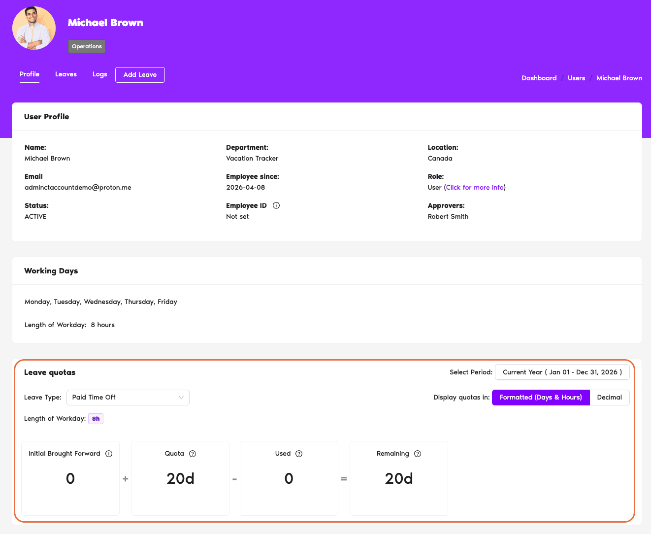 User profile Profile tab with Leave Quotas section visible showing remaining balance per Leave Type, Select Period dropdown at top-right, and Add Leave button in the header