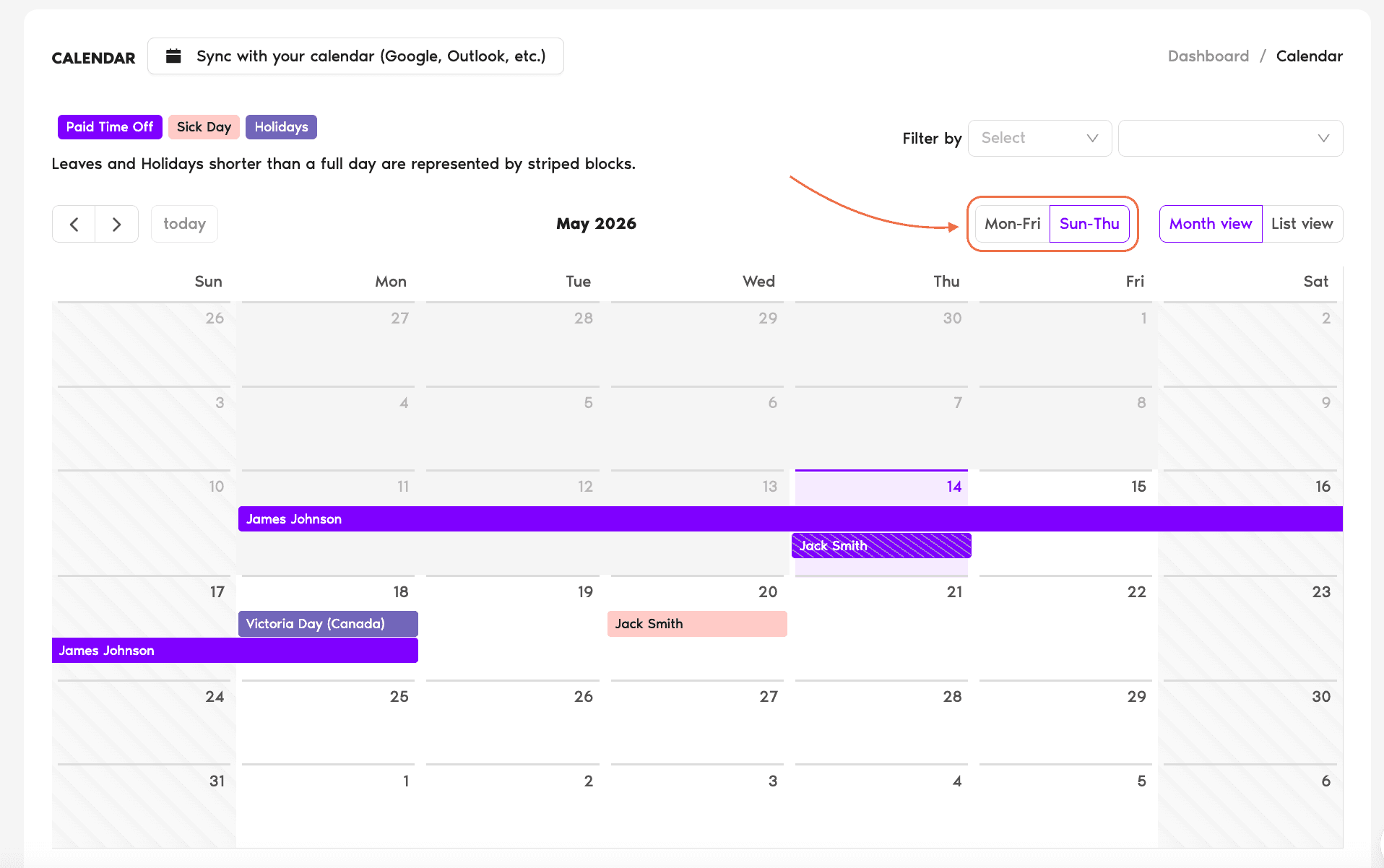 Top of the Calendar page in Month view: month-navigation arrows on the left, Mon-Fri / Sun-Thu toggle on the right, then the Month view / List view toggle