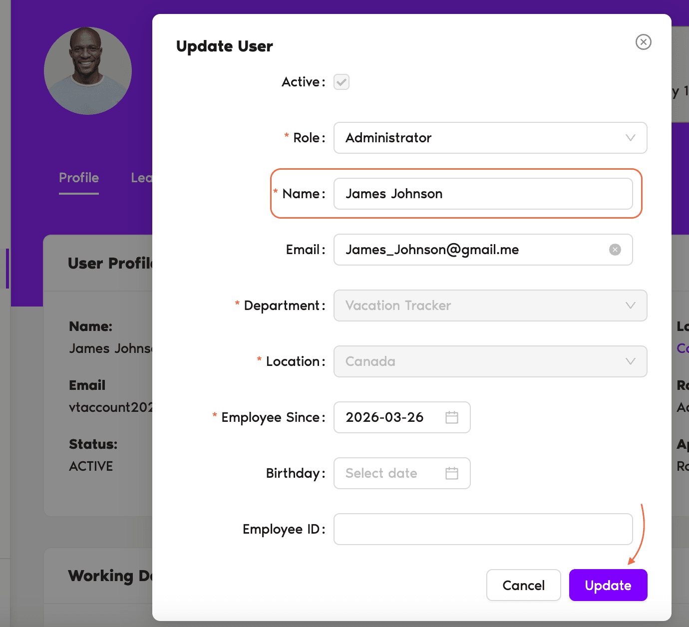 Update User modal showing the Name field at the top of the form, alongside Active toggle, Role, Email, Department, Location, and date fields, with Cancel and Update buttons at the bottom