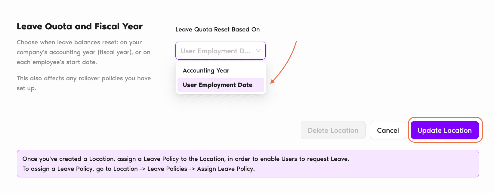 Edit Location form scrolled to Leave Quota and Fiscal Year with 