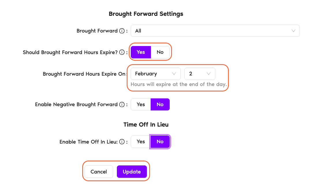 Brought Forward Settings with 