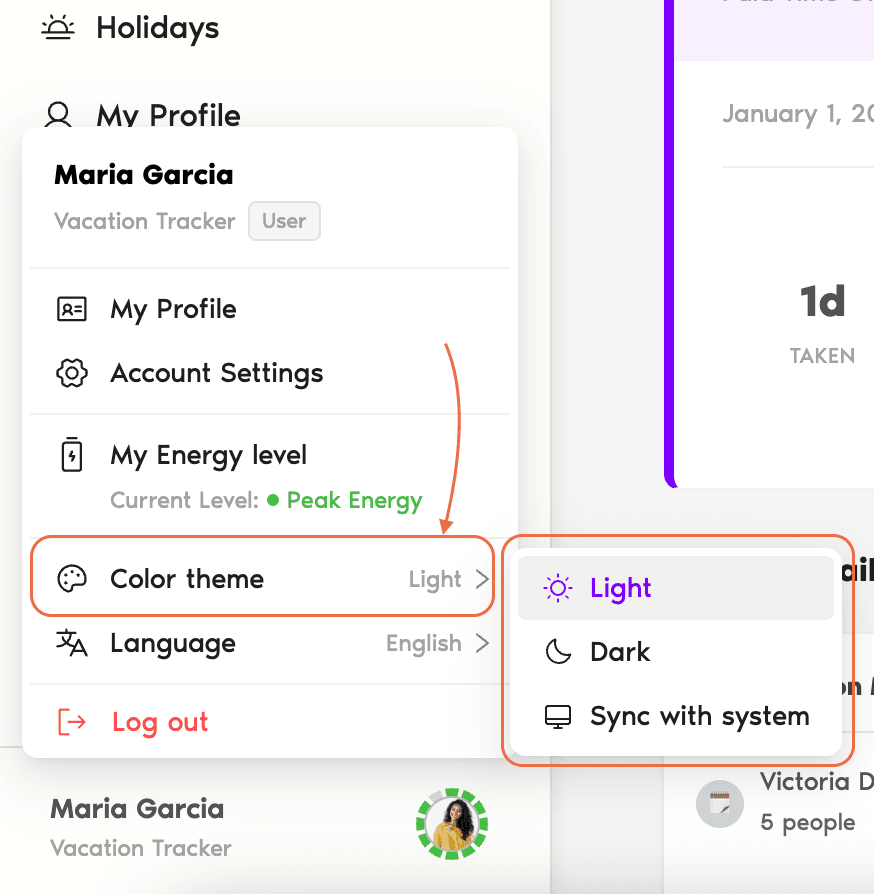 Profile dropdown in the bottom-left sidebar showing the Color theme menu with Dark Mode, Light Mode, and Sync with your system options