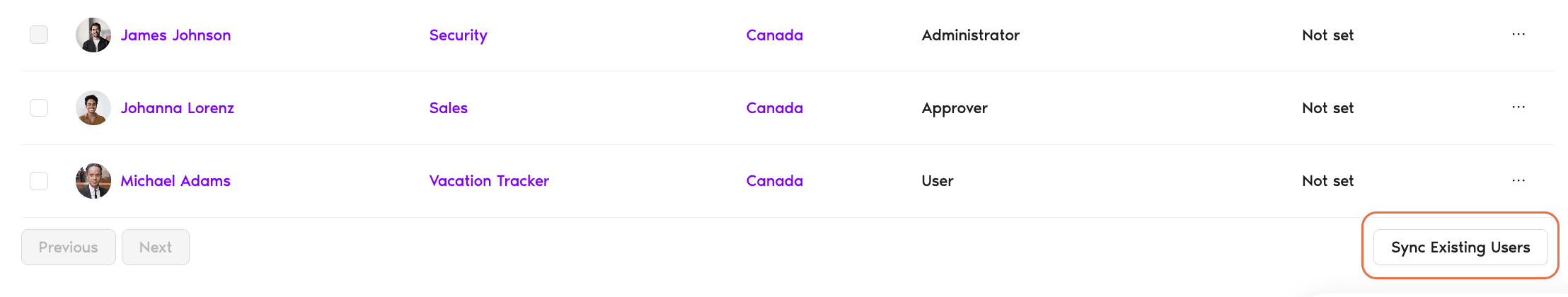 Bottom of the Users page showing the Sync Existing Users button on the right, next to Previous / Next pagination