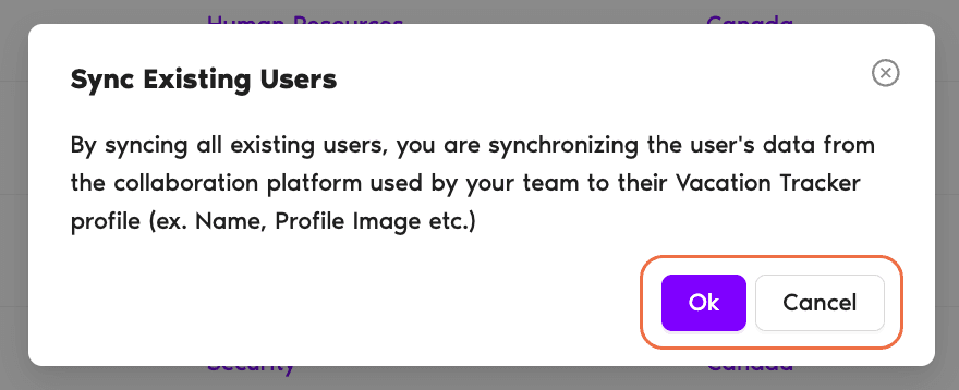 Sync Existing Users confirmation modal with the privacy text and Ok / Cancel buttons
