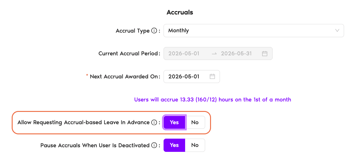 Accruals section with 