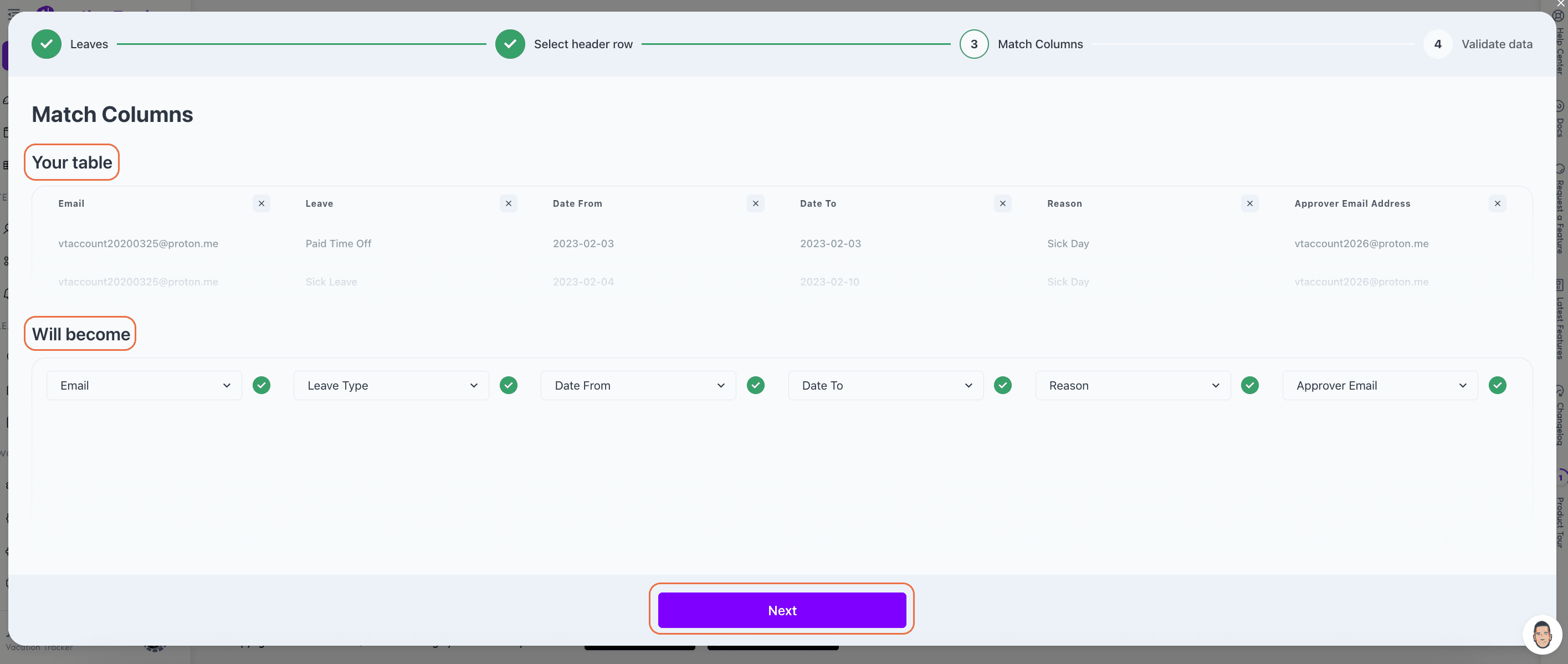 Match Columns step of the import wizard with Vacation Tracker fields on one side and your file's headers on the other, ready to be mapped