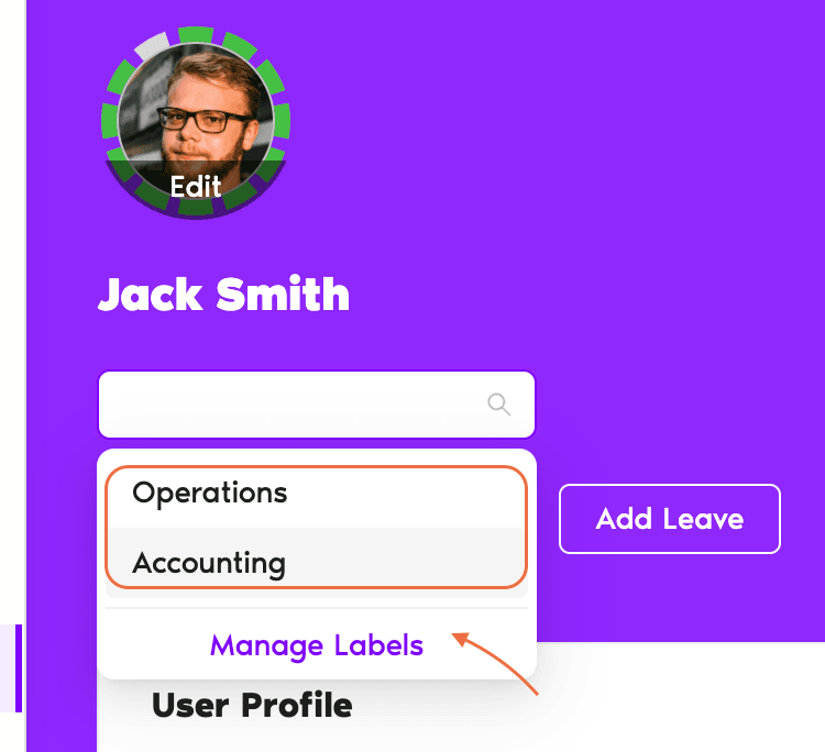User profile header with the + Add Label dropdown open, suggested labels visible, and existing label chips next to the User's name