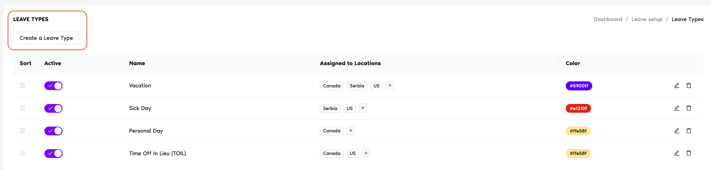 Leave Types page showing the existing types with Sort, Active, Name, Assigned to Locations, and Color columns, plus the 