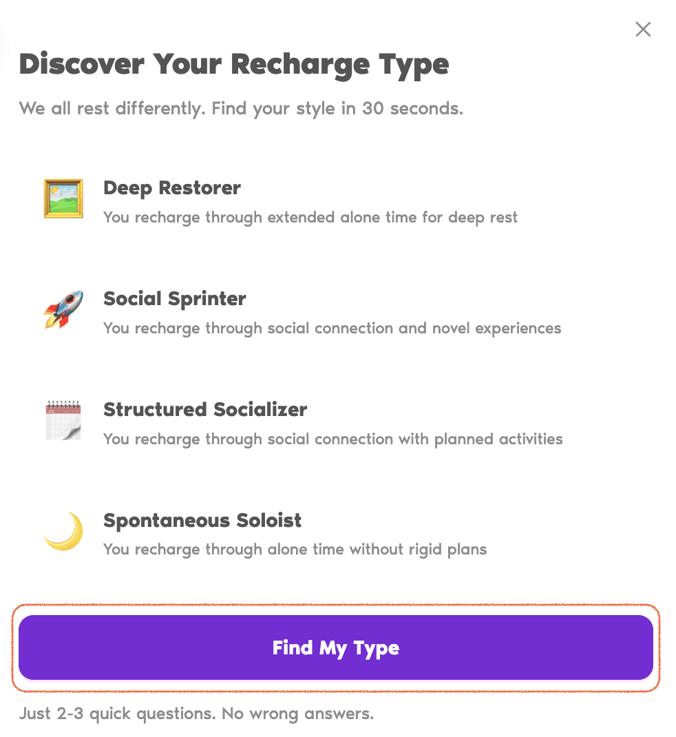 Discover Your Recharge Type modal with the four types listed and the Find My Type button
