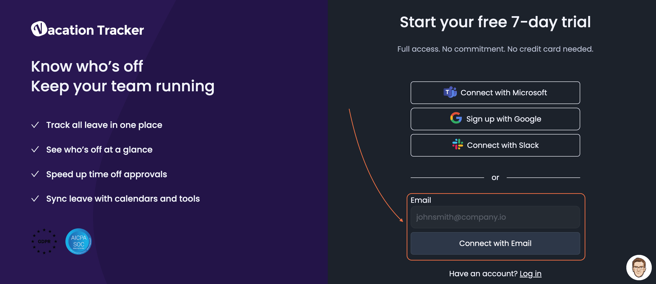 Vacation Tracker signup page with the Connect with your Email option highlighted alongside the Slack, Microsoft Teams, and Google Workspace integration choices