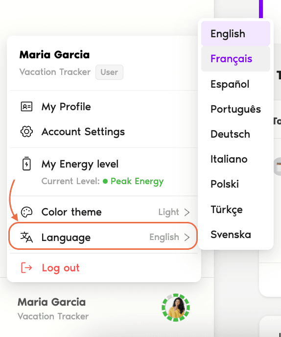 Profile dropdown in the bottom-left sidebar showing the Language menu with the list of available languages