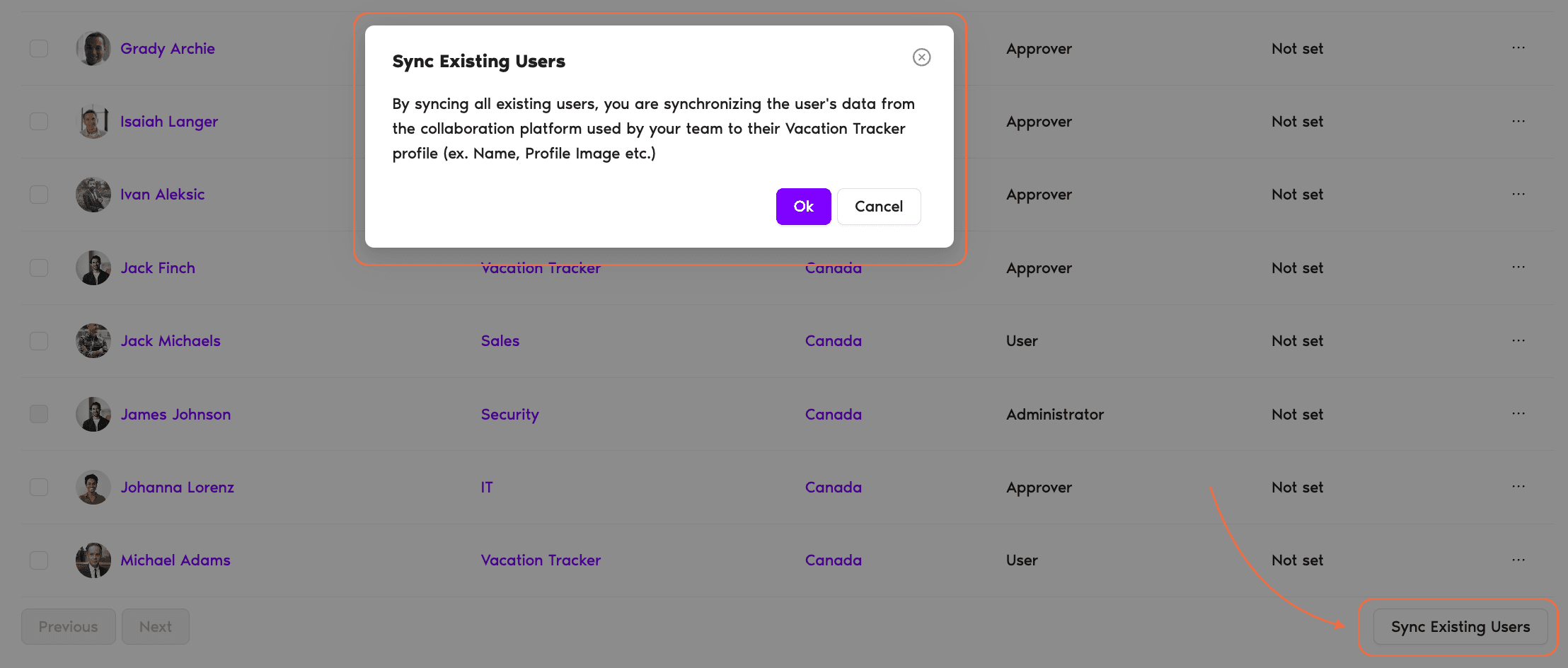 Users page with the Sync Existing Users button at the bottom and the access-confirmation pop-up