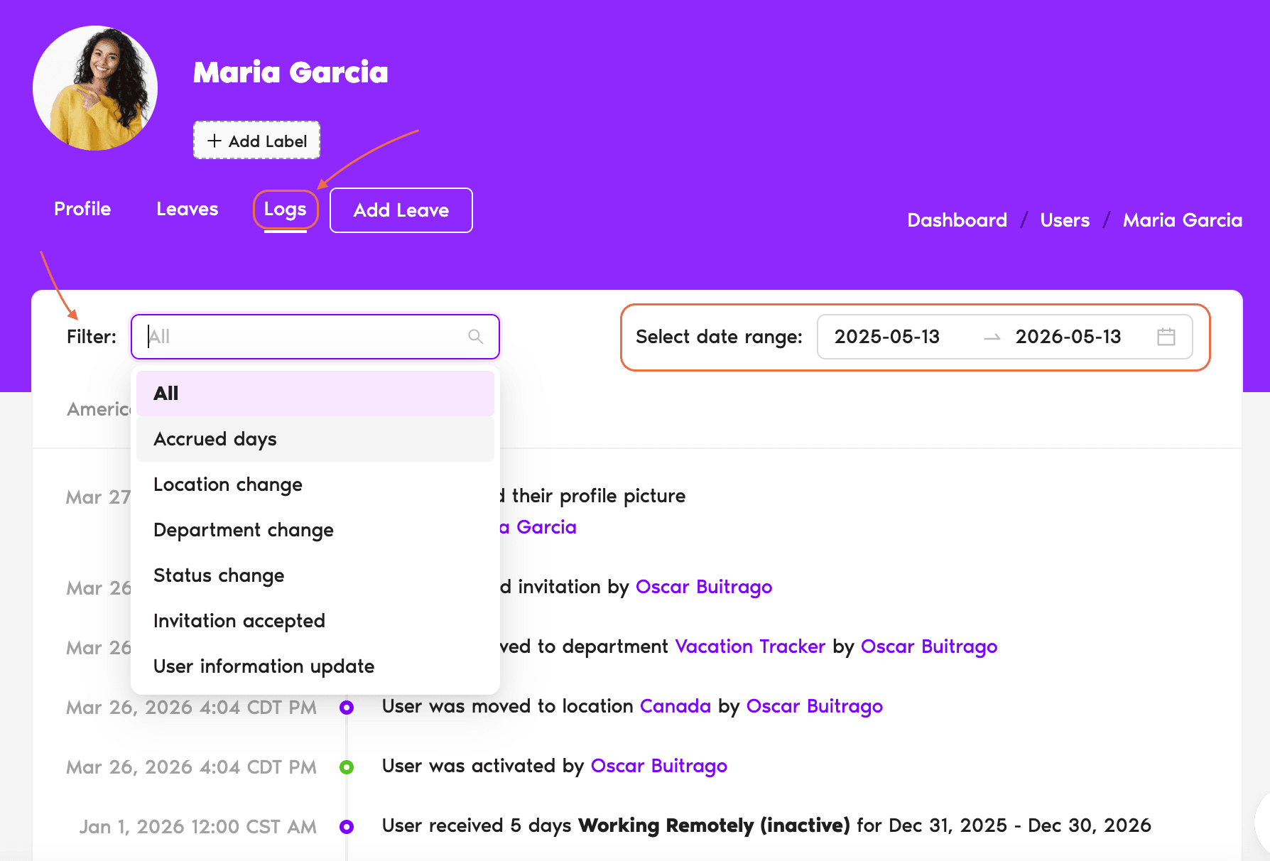 User profile Logs tab with category filter dropdown, date range picker, and chronological list of entries showing timestamp, actor, and field-level changes
