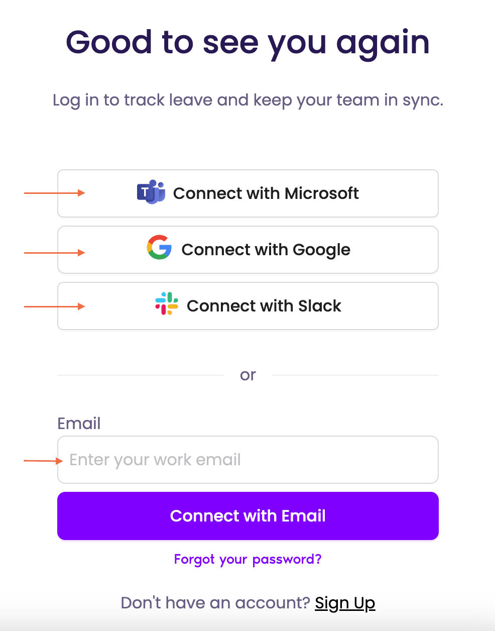Vacation Tracker sign-in page showing Sign in with Slack, Sign in with Microsoft, Sign in with Google, and Sign in with Email options