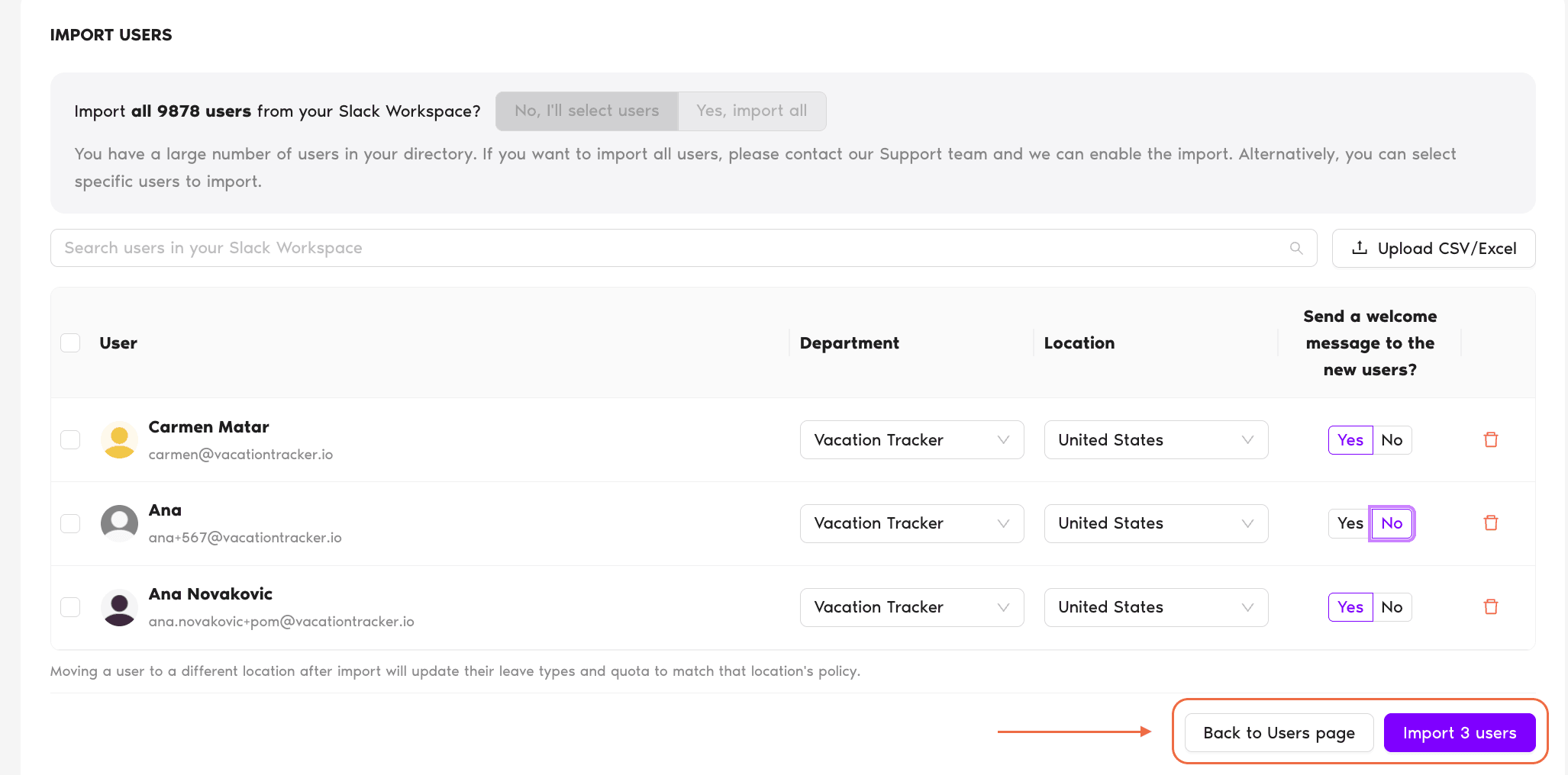 Add Users pop-up with the Select Users to Import field active and selected users listed below, plus the Configure Settings toggle and Import button