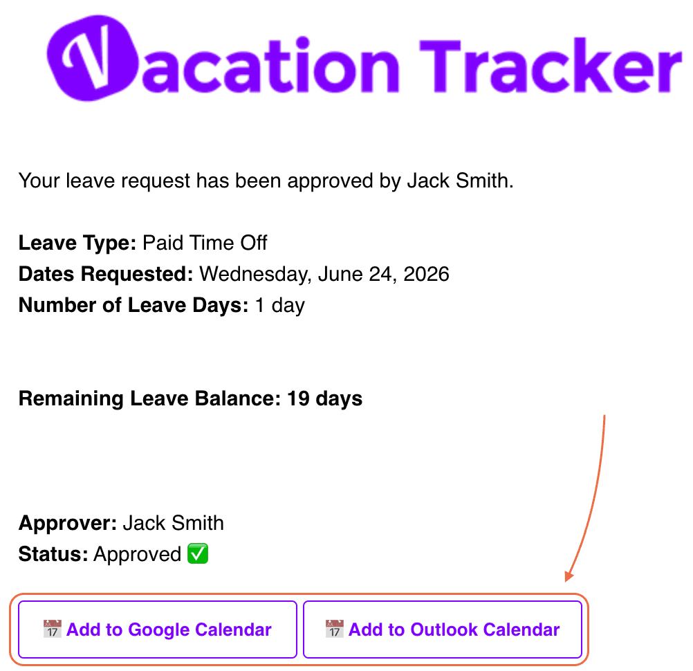 Slack approval-notification message with the Add to Calendar button at the bottom of the leave card, plus the calendar-picker pop-up that follows the click