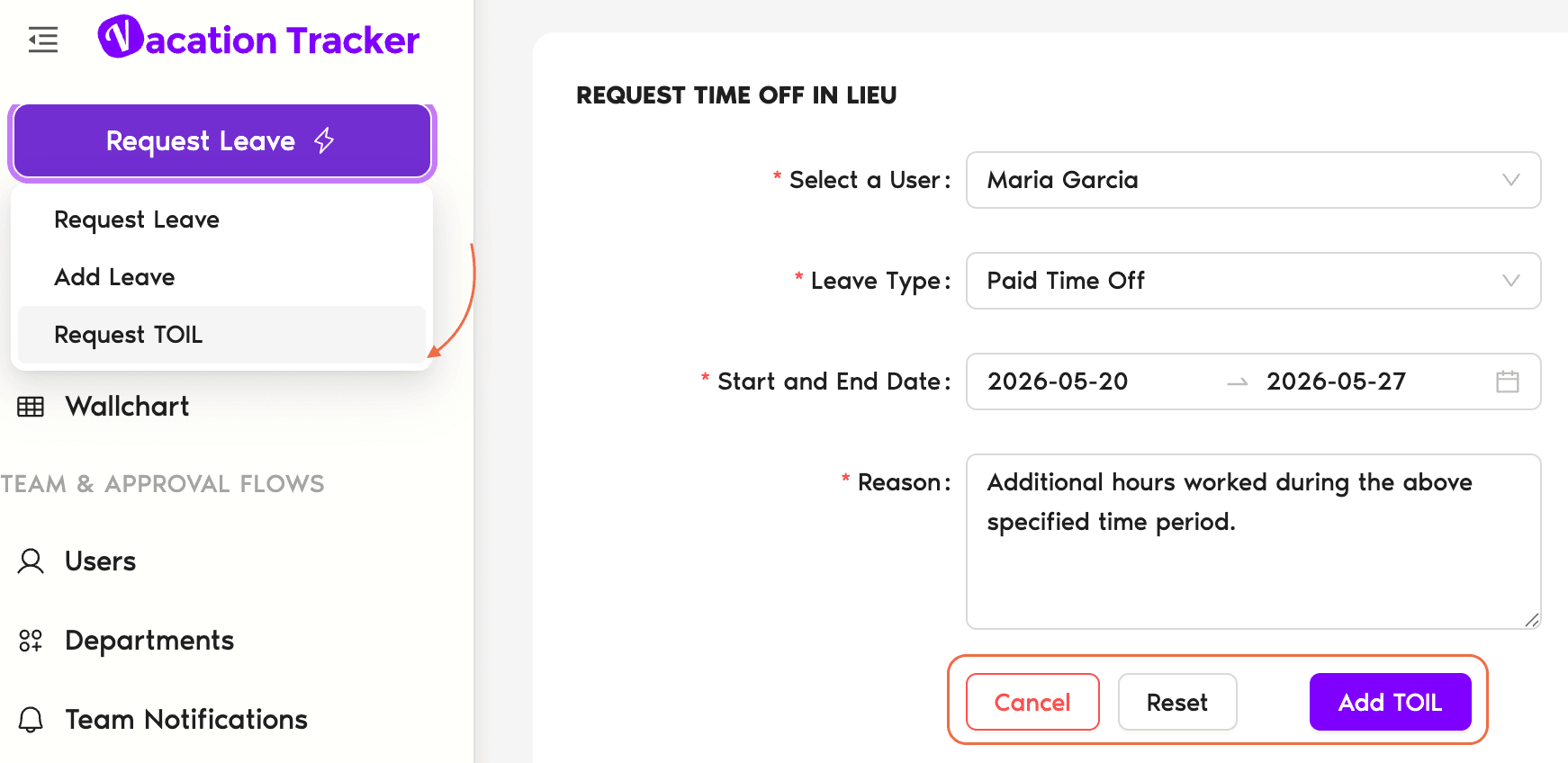 Request Leave modal with the Request TOIL tab selected, showing User picker, Leave Type, Start/End Date, half-day/hourly checkbox, Reason, and Add TOIL button