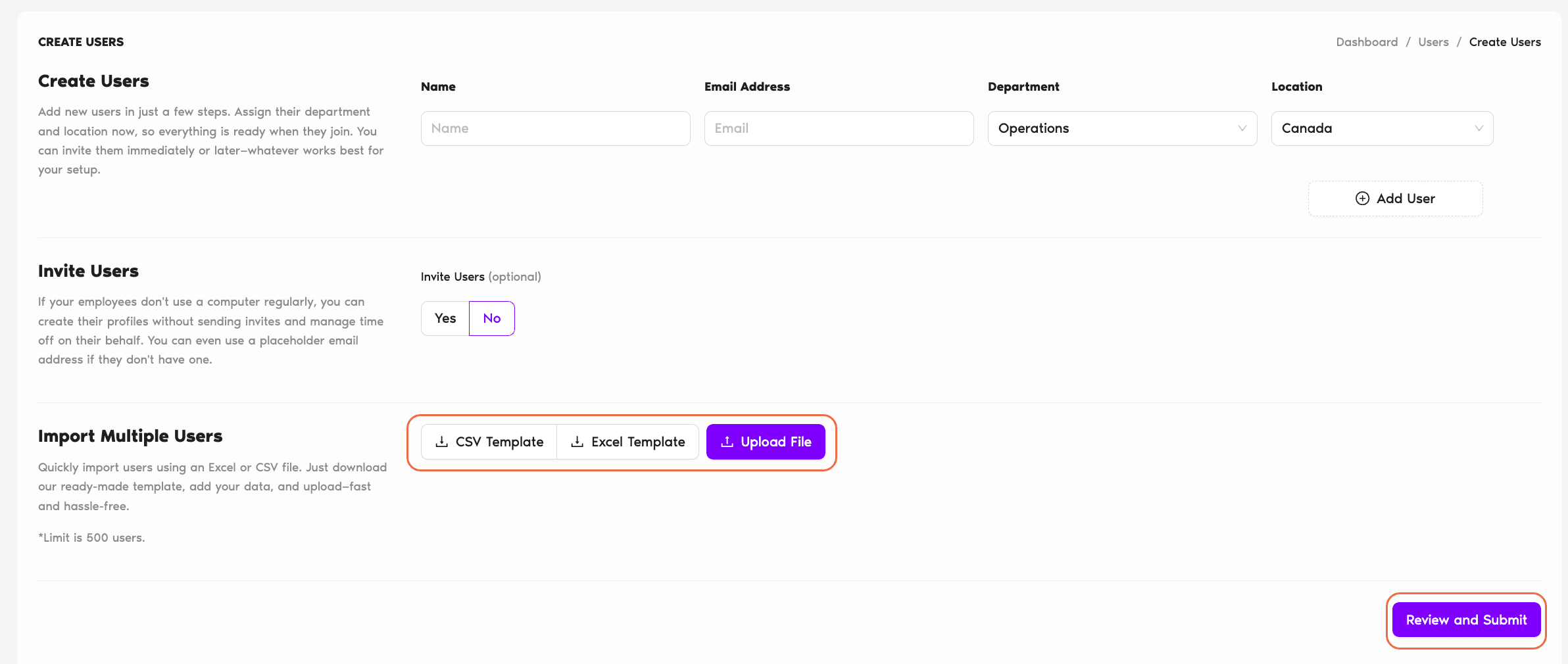 Create Users modal on the Users page with the CSV and Excel template download buttons and the file upload area visible