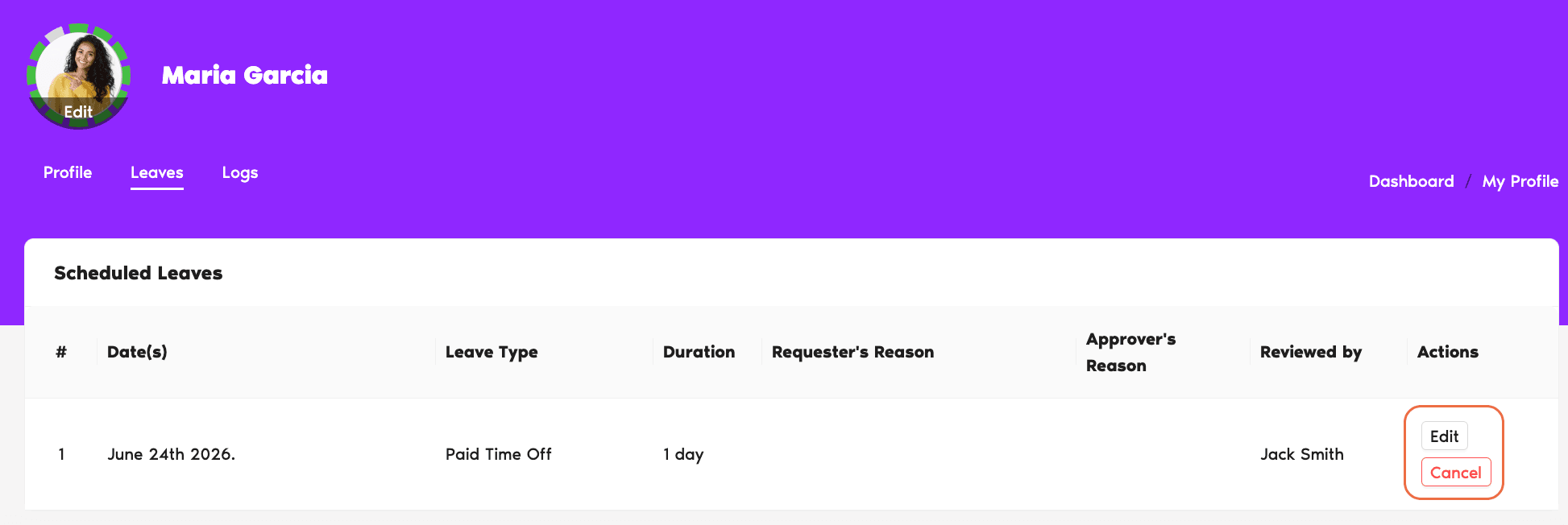 Dashboard with a Scheduled Leave card visible showing the Cancel Leave button on the right side of the row, plus the confirmation pop-up