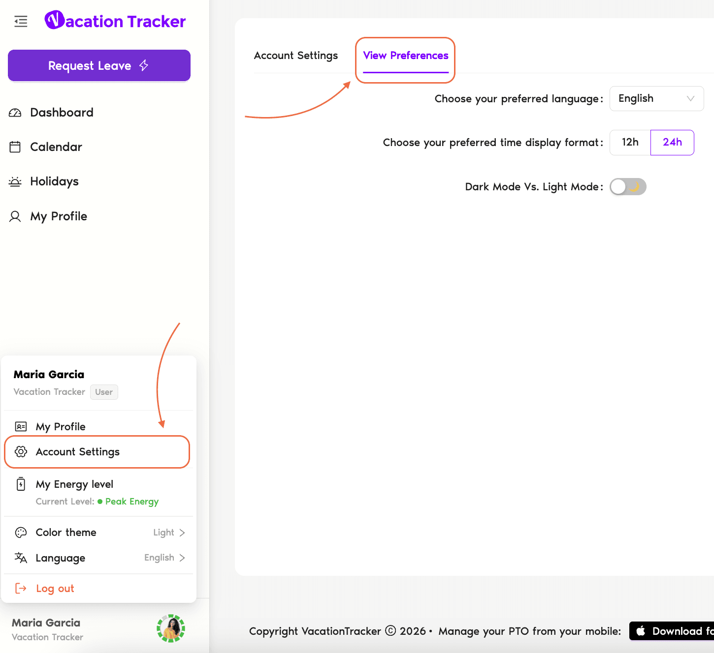 Account Settings → View Preferences tab with the Preferred Language, Time Display Format, and Dark/Light Mode controls