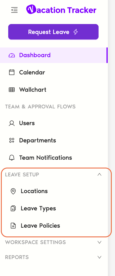 Sidebar showing Leave Setup expanded with Locations, Leave Types, and Leave Policies menu items