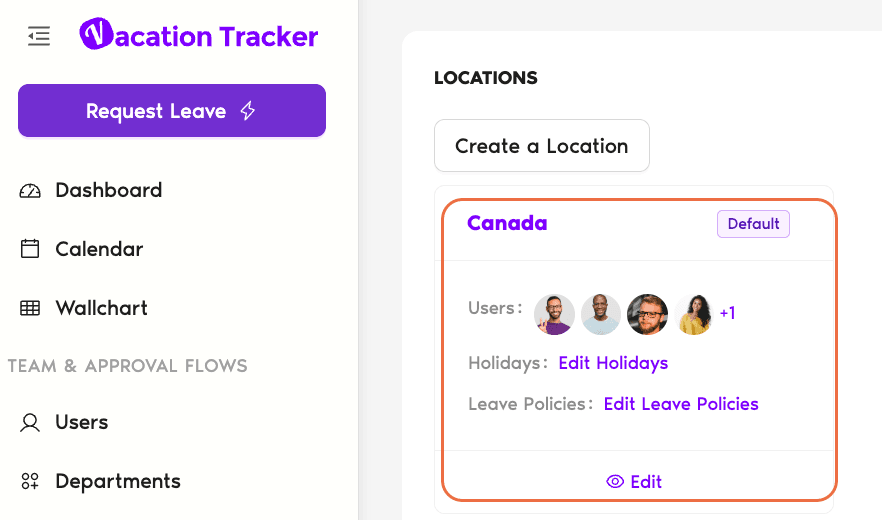 Location card showing Edit and Edit Leave Policies links