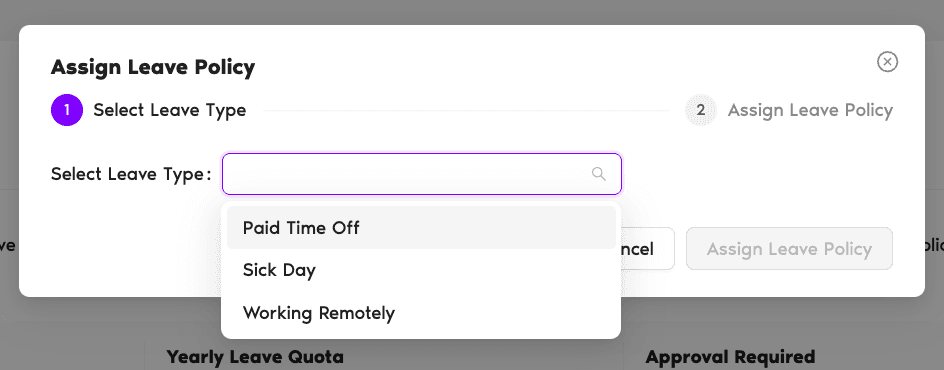 Assign Leave Policy drop-down