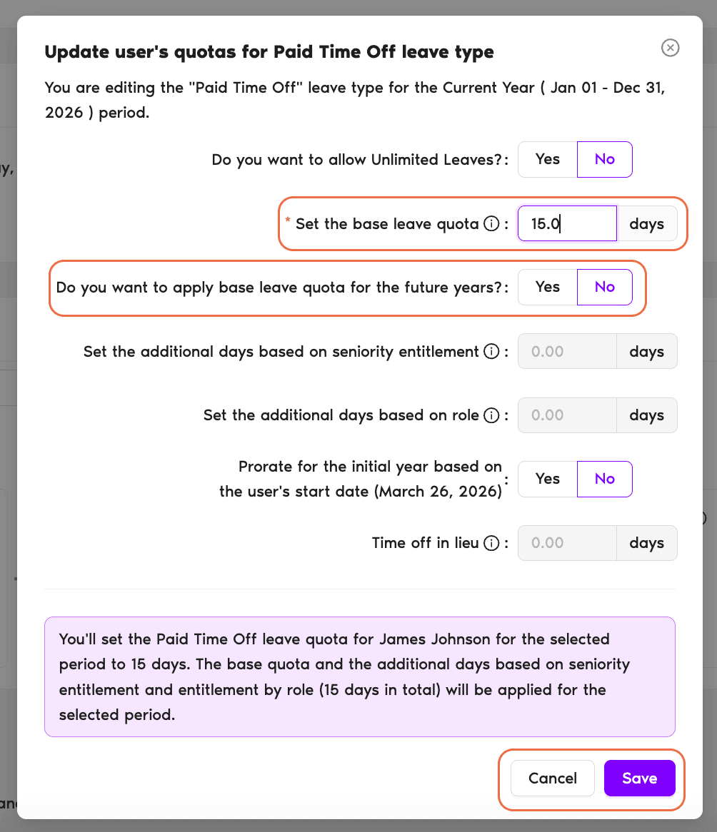 User profile Leave Quotas box with the Select Period and Leave Type dropdowns and the Change Quota pop-up showing the 