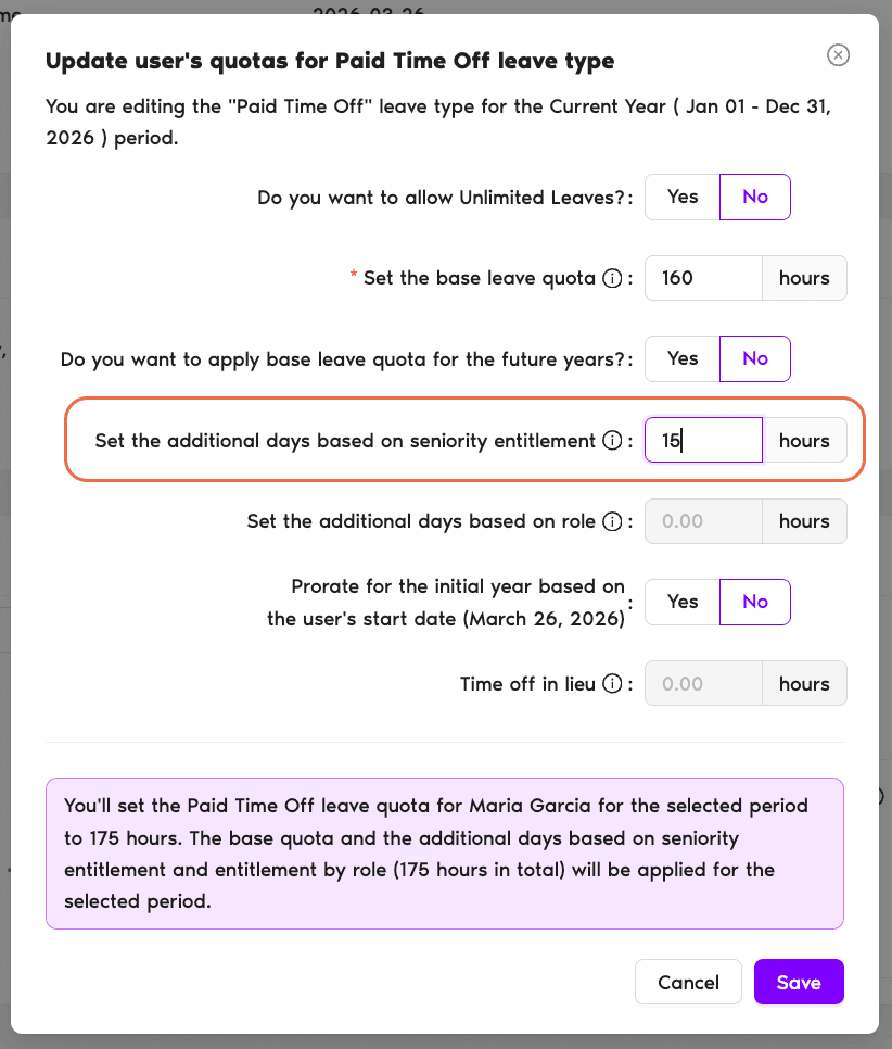 User profile Leave Quotas pop-up showing the 