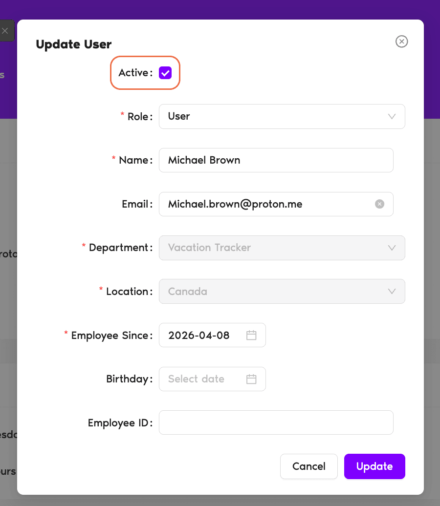 Update User modal with the Active checkbox at the top and the Update button at the bottom right
