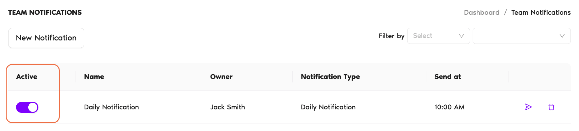 Team Notifications page with the Active toggle on the left of a notification row highlighted, showing purple (enabled) and grey (disabled) states