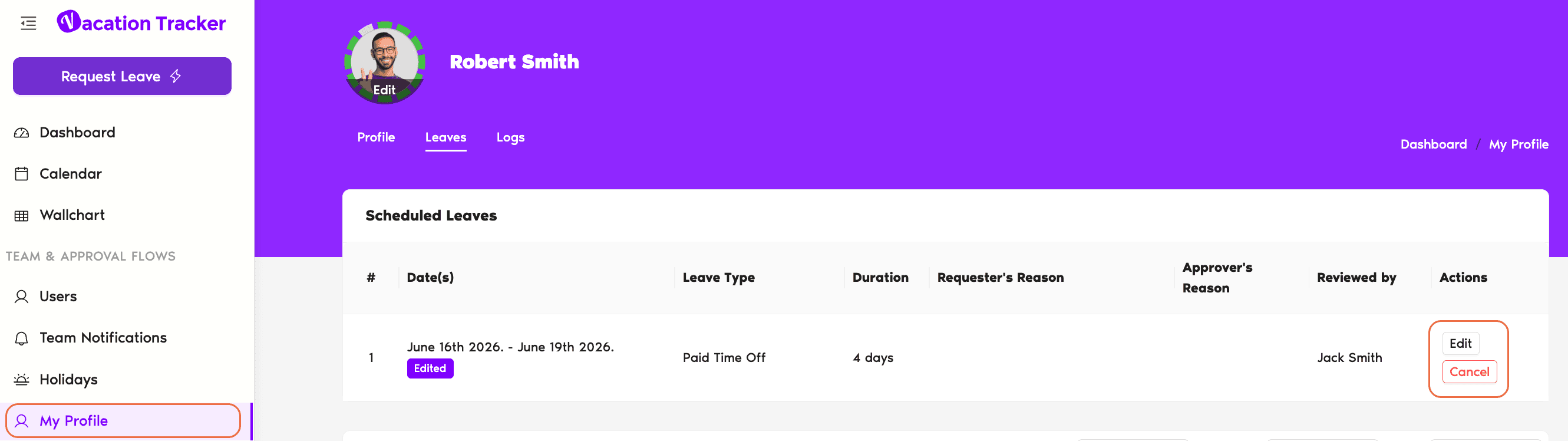Admin's view of an Approver's Leaves tab with the Scheduled Leaves section and Edit button highlighted