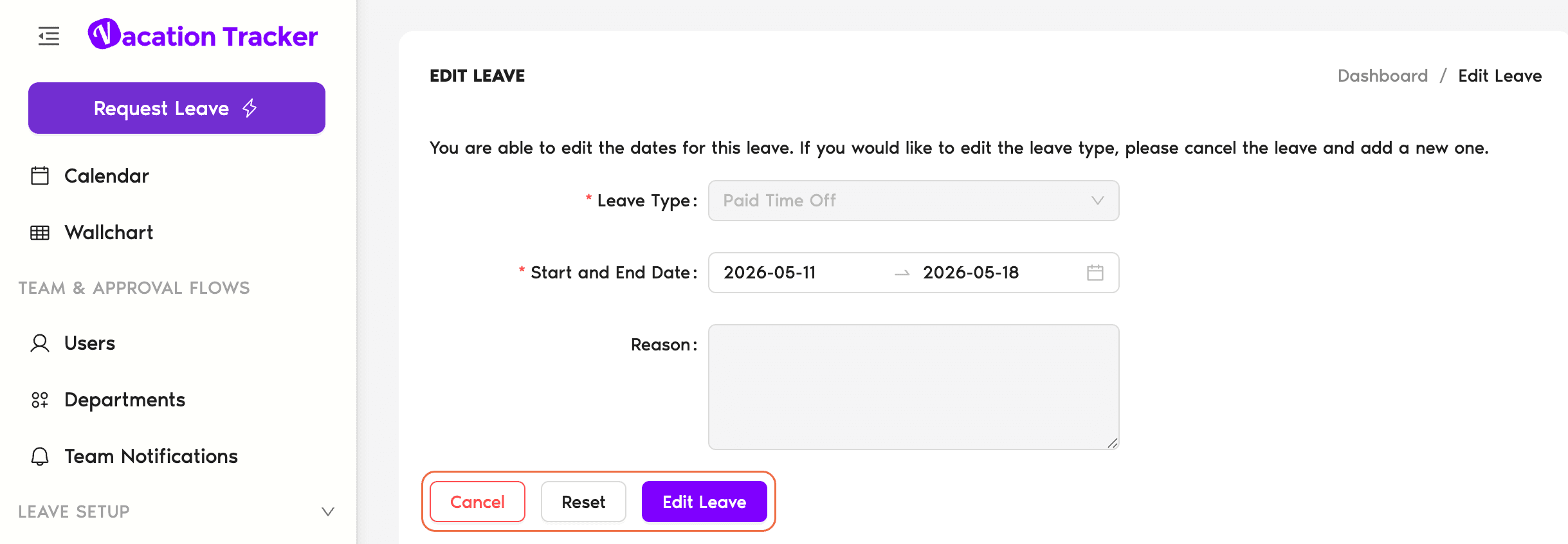 User profile Leaves tab with a row's Edit button highlighted, and the Edit Leave modal alongside with Dates, Hours, and Reason fields (Leave Type read-only)