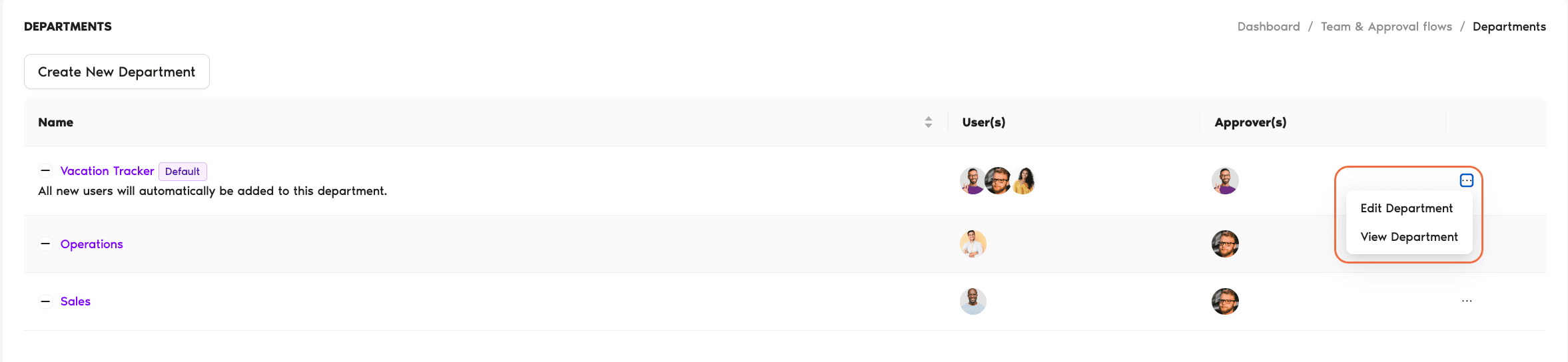 Departments page with a Department row's three-dot menu expanded to show Edit Department / View Department / Delete