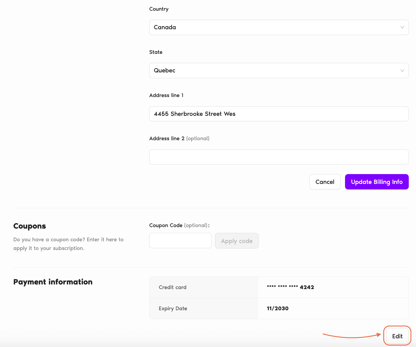 Billing page with the Billing Information section expanded and the Edit button highlighted