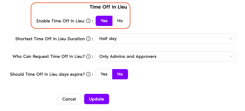 Time Off In Lieu section showing the Enable toggle set to Yes, with Shortest Duration, Who Can Request, and Expiry settings visible