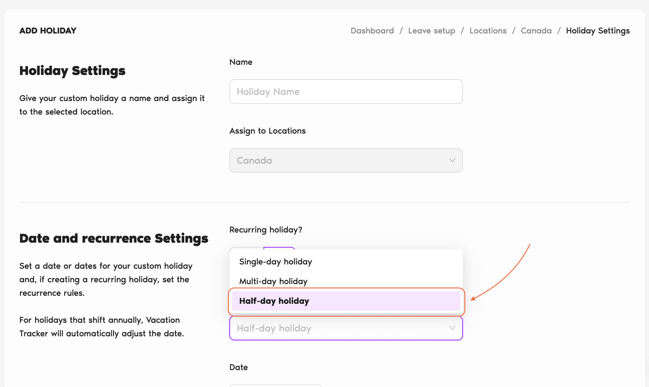 Add a Holiday form with 