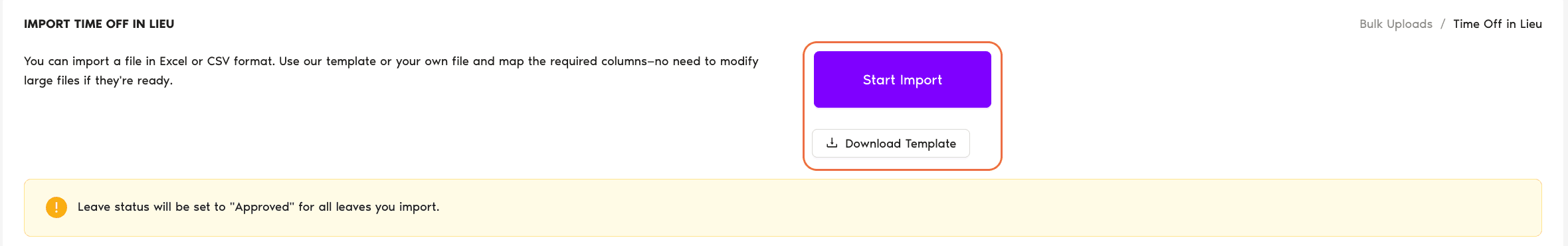 Time Off in Lieu import page with the Download Template button and Start Import button, plus the auto-approval warning banner