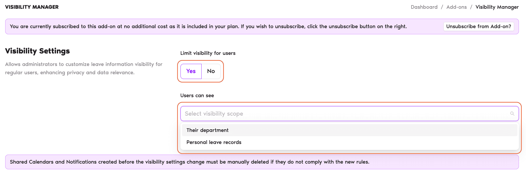 Visibility Manager add-on settings page with the 