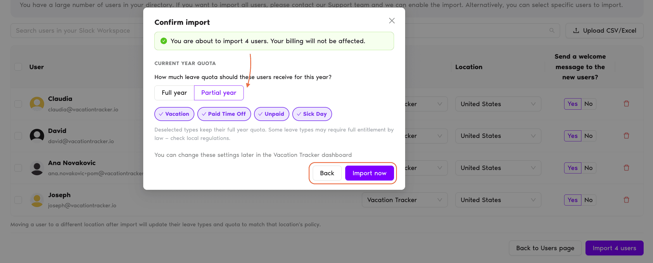 Configure Settings for selected Users page showing the Prorate the quotas Yes/No option and the per-leave-type prorate fields