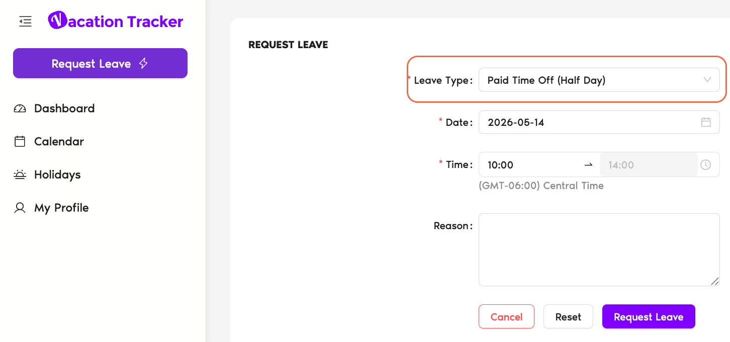 Dashboard Request Leave modal with a half-day Leave Type chosen, single date picker, start-hour selector for the half-day window, and Reason field