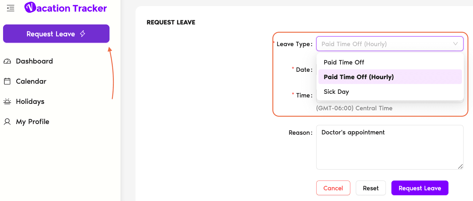 Dashboard Request Leave modal with Leave Type dropdown, Start Date and End Date pickers, and Reason field visible